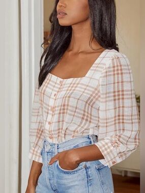 Lulus - White Plaid Sheer Button Up Long Sleeve Thong Bodysuit Size Medium